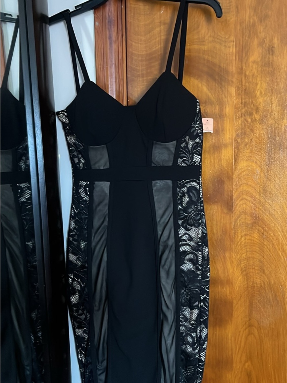 Black Lace Insert Bodycon Dress with Spaghetti Straps